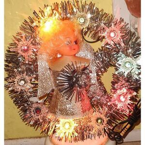 Vtg Holiday Trim Angel Wreath Tree Topper Flashing Lights Silver Garland Christm